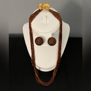 Vintage Bronze Seed Bead Necklace and Earrings
